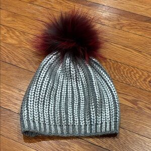Gray Knit Beanie with Burgundy Pom Pom